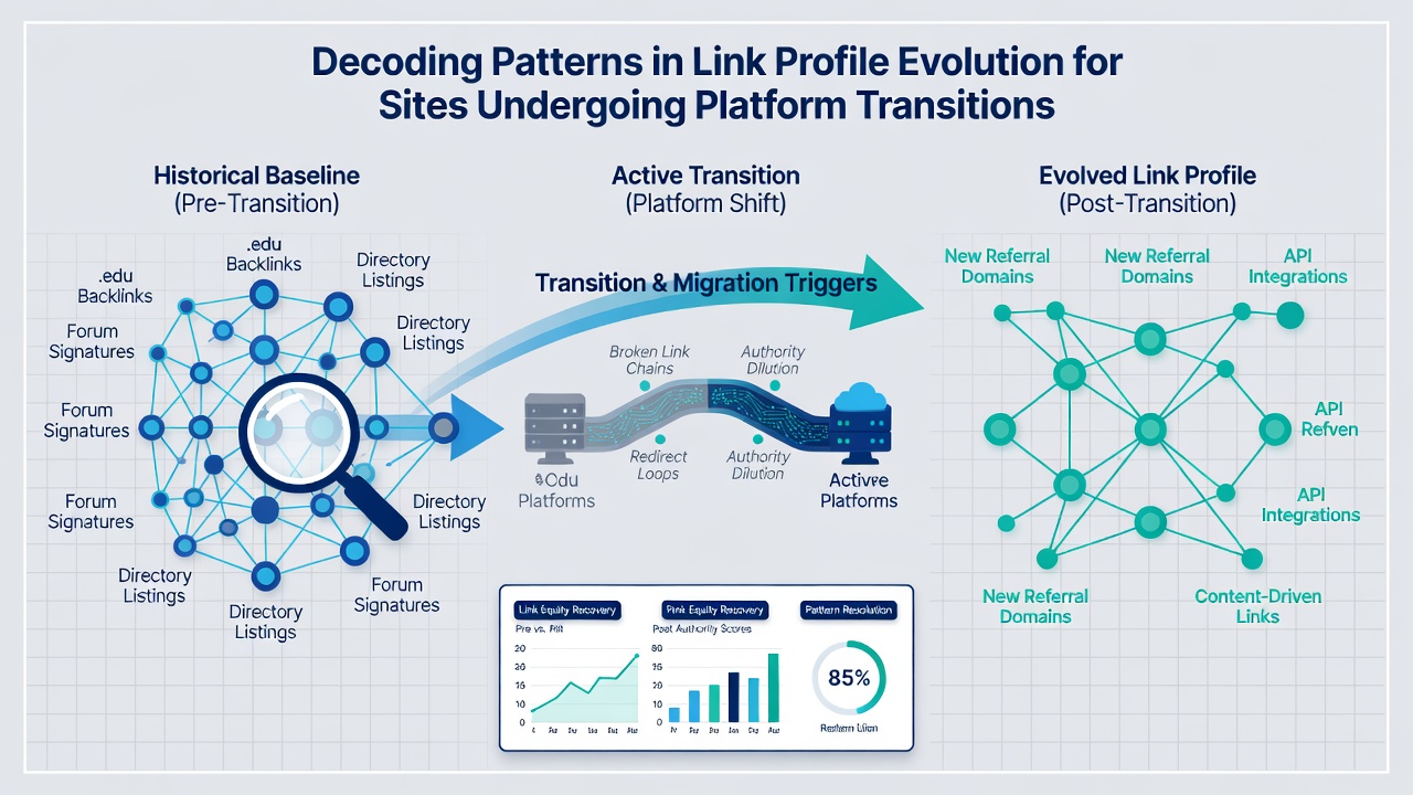 Graph illustrating backlink evolution trends and crawl budget allocation metrics across multiple platform transition case studies